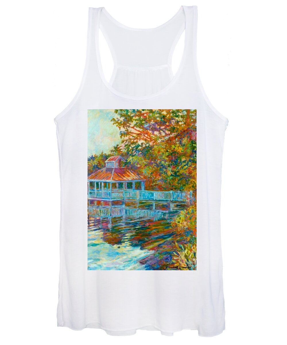 Mountain Lake Women's Tank Top featuring the painting Boathouse at Mountain Lake by Kendall Kessler