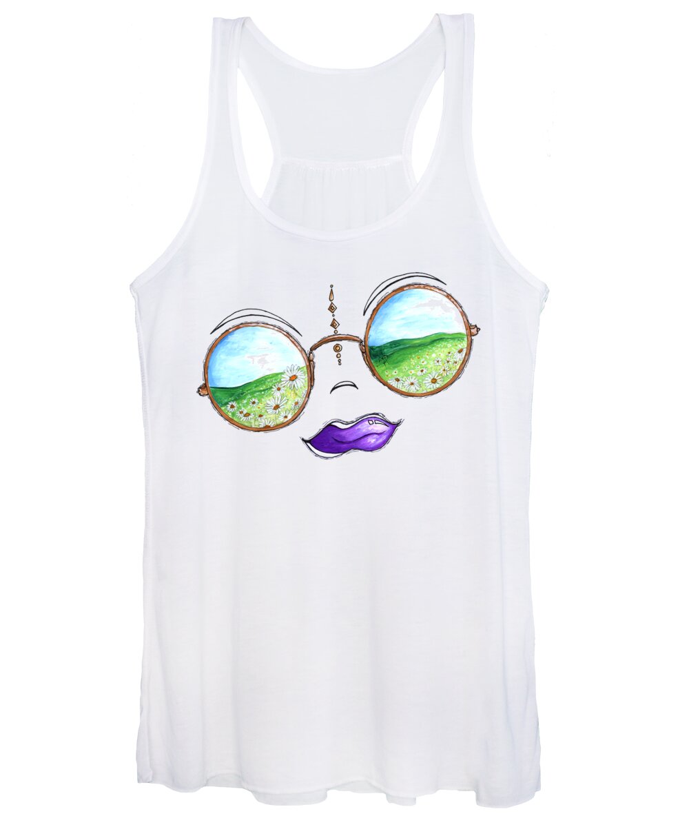 Boho Women's Tank Top featuring the painting Boho Gypsy Daisy Field Sunglasses Reflection Design from the Aroon Melane 2014 Collection by MADART by Megan Aroon