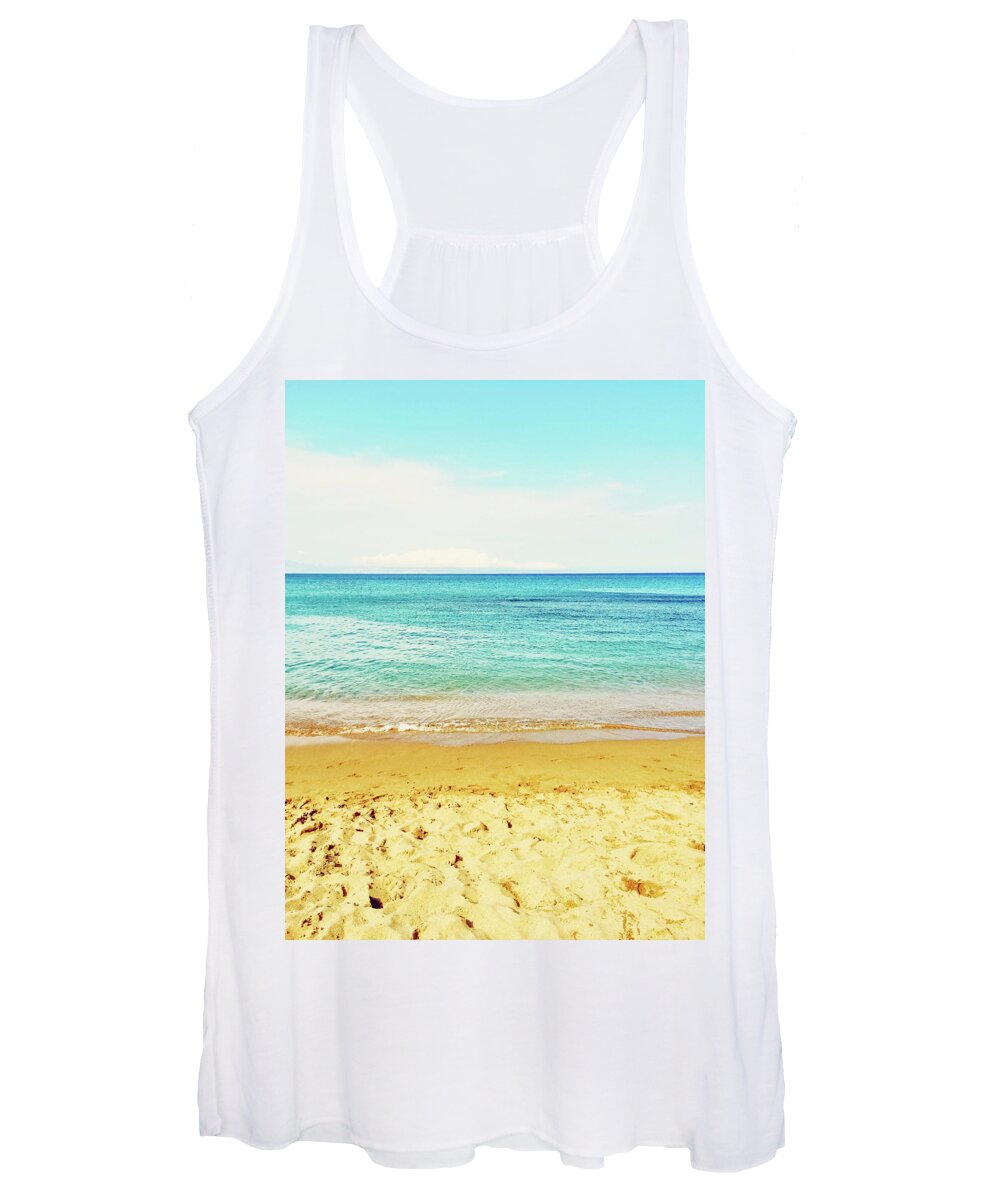 Sea Women's Tank Top featuring the photograph Bright blue sea and sand beach by GoodMood Art