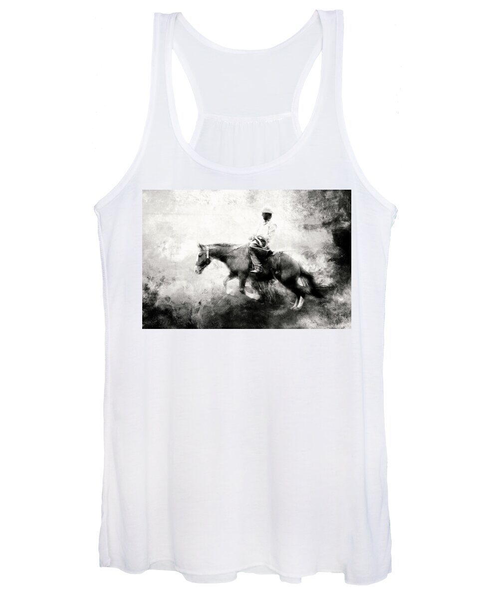 Cowboy Women's Tank Top featuring the photograph Bronc versus Rider in black and white by Toni Hopper