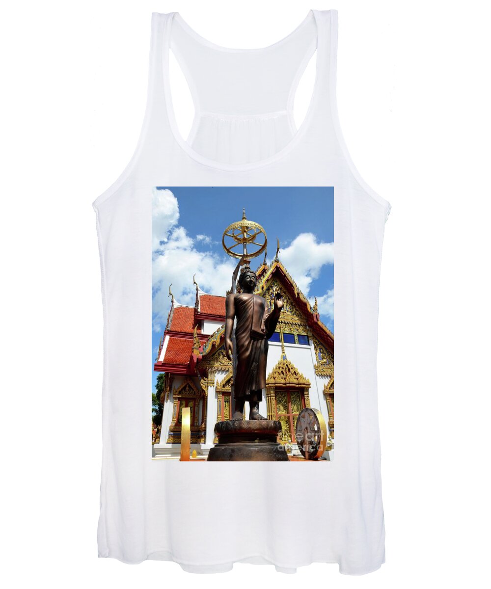 Temple Women's Tank Top featuring the photograph Buddha statue with sunshade outside temple Hat Yai Thailand by Imran Ahmed