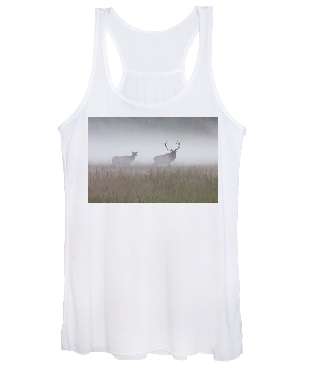 Elk Women's Tank Top featuring the photograph Bull and Cow Elk in Fog - September 30 2016 by D K Wall
