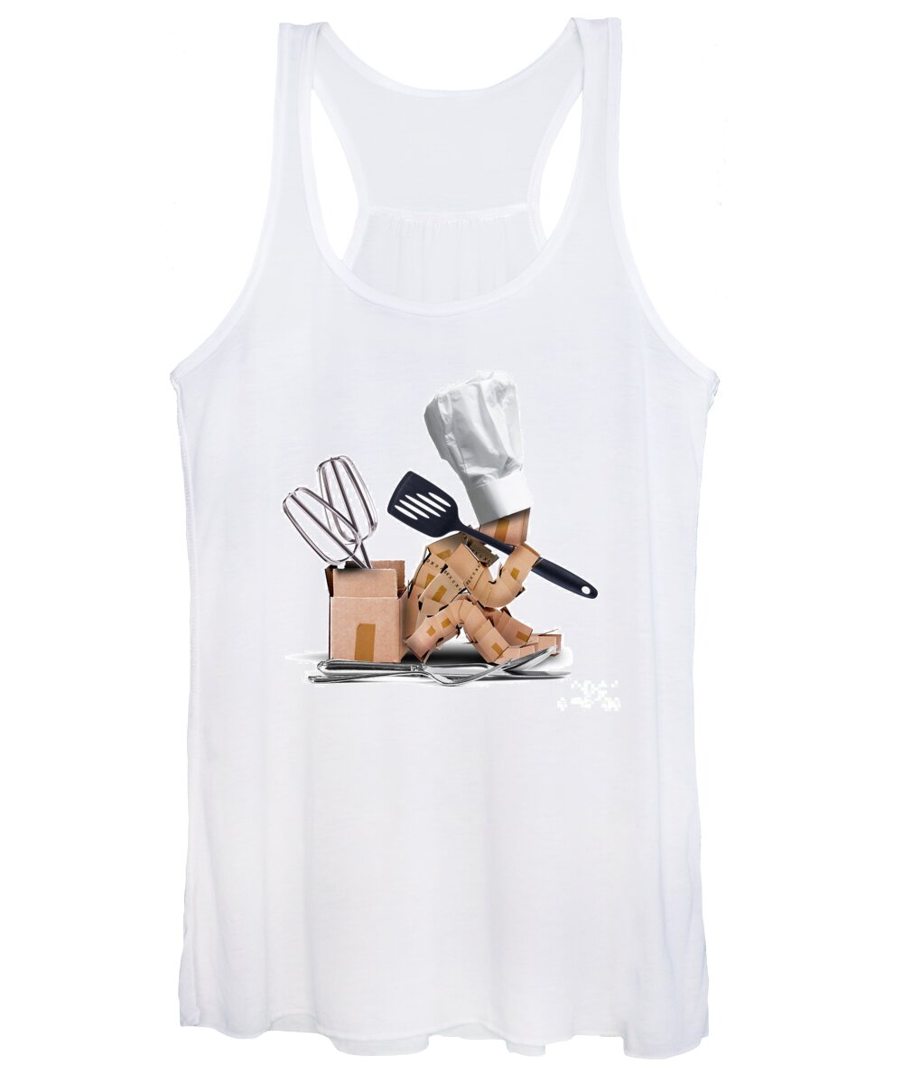 Kitchen Women's Tank Top featuring the digital art Chef character sat thinking with kitchen tools by Simon Bratt