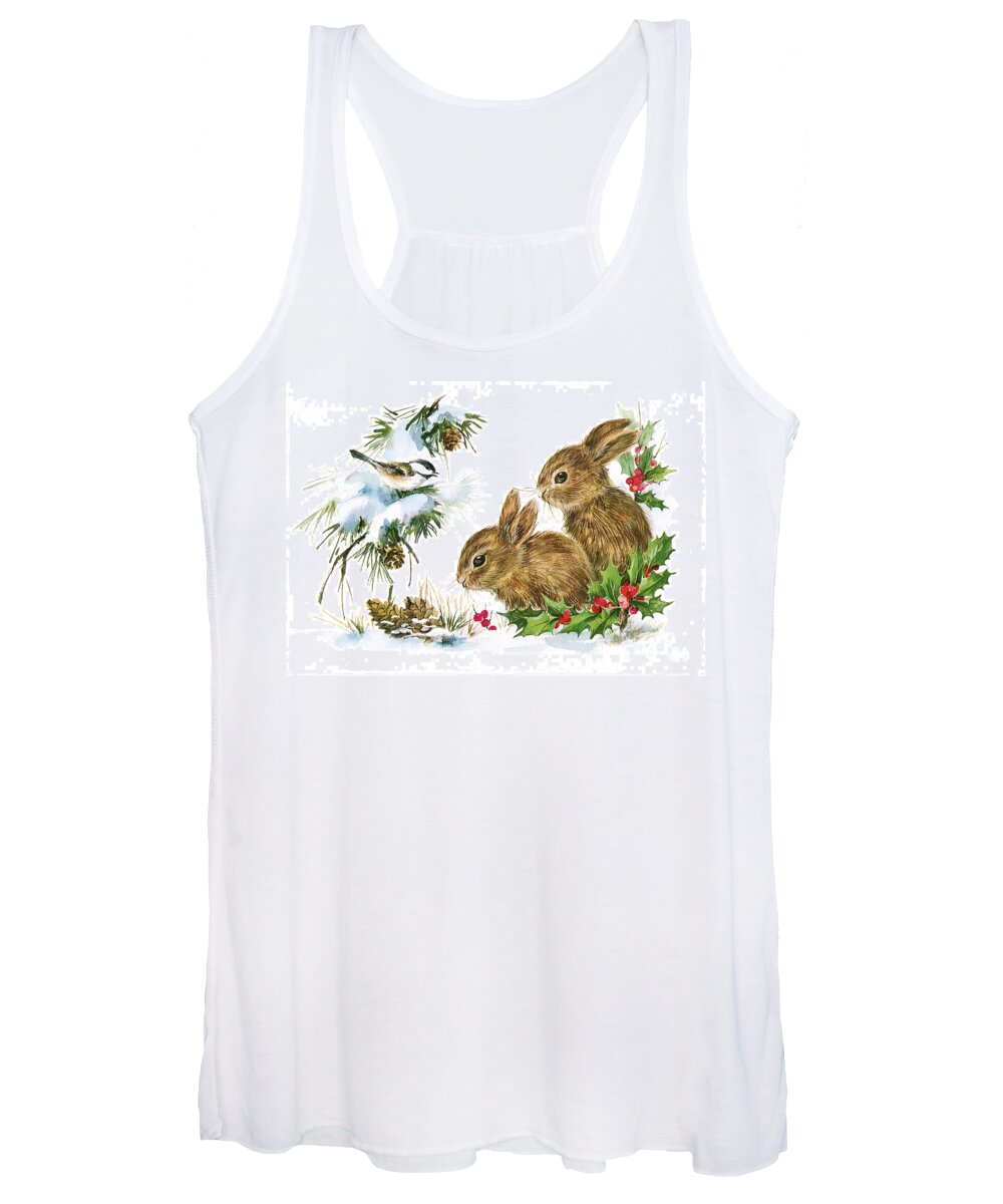 Christmas Women's Tank Top featuring the painting Christmas Bunny Rabbits and Birds Holley by Vintage Collectables