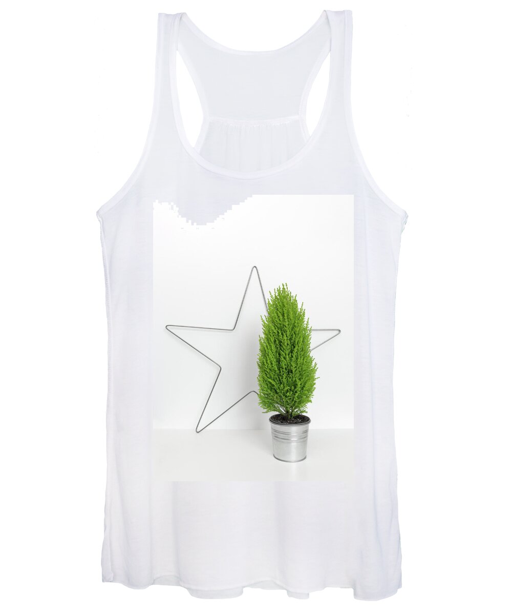 Design Women's Tank Top featuring the photograph Christmas star and little green tree by GoodMood Art