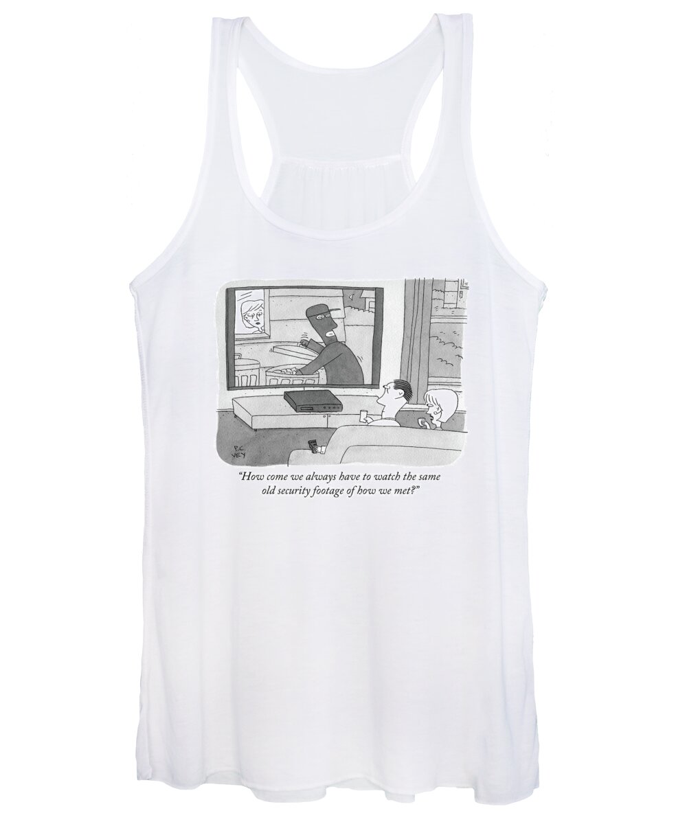 how Come We Always Have To Watch The Same Old Security Footage Of How We Met? Trash Women's Tank Top featuring the drawing Couple on couch watches security footage of themselves by Peter C Vey