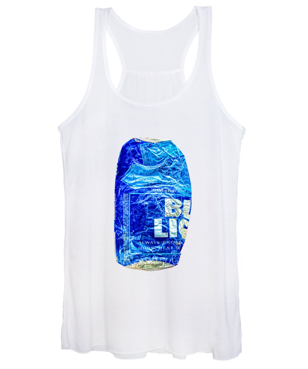 Black Women's Tank Top featuring the photograph Crushed Blue Beer Can on Plywood 78 Color on BW by YoPedro
