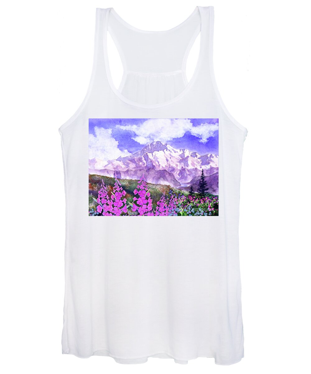 Mountain Women's Tank Top featuring the painting Denali with Fireweed by Teresa Ascone