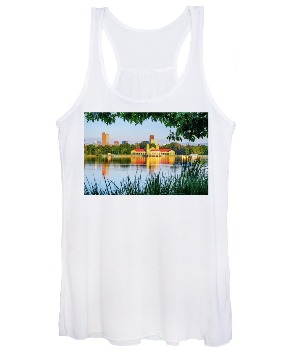 America Women's Tank Top featuring the photograph Denver Morning Skyline City Reflections - City Park View by Gregory Ballos