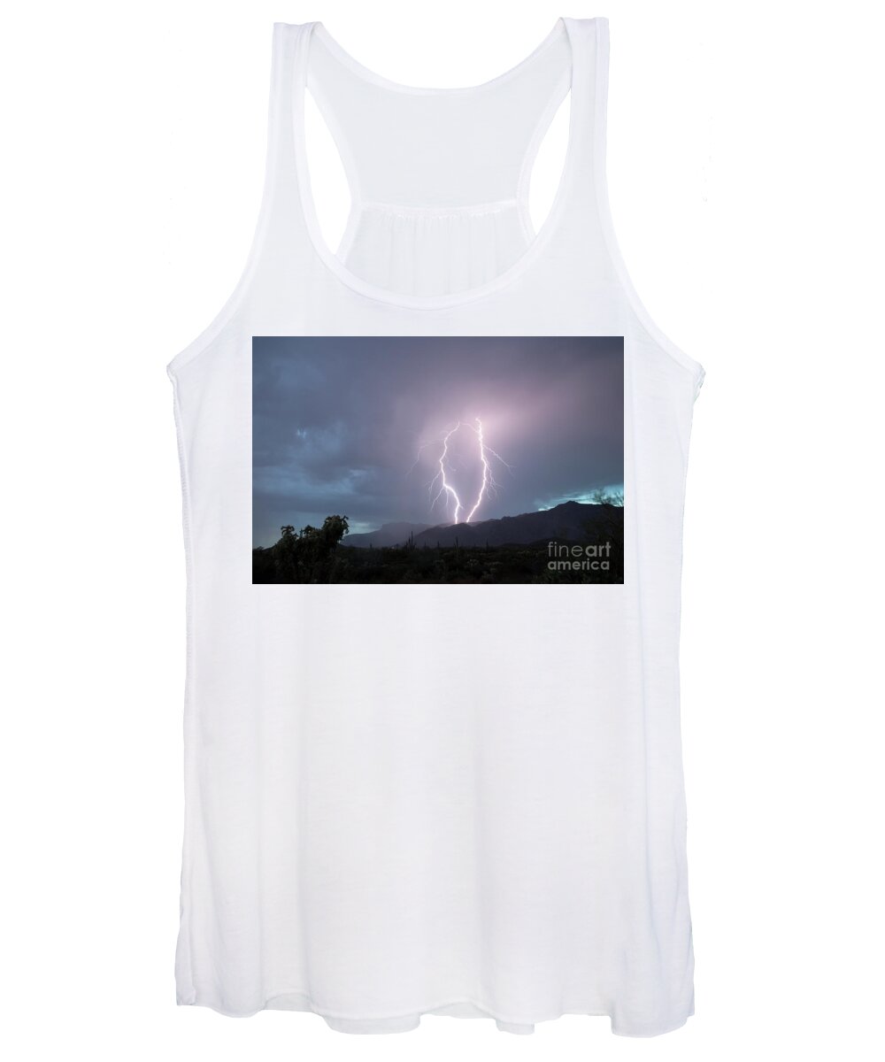 Lightning Women's Tank Top featuring the photograph Dual Lightning Strike Superstition Mountains by Joanne West