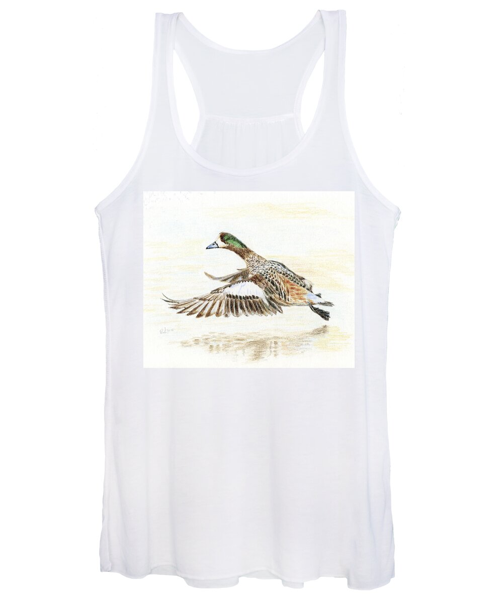 Duck Women's Tank Top featuring the painting Duck taking off. by Raffaella Lunelli