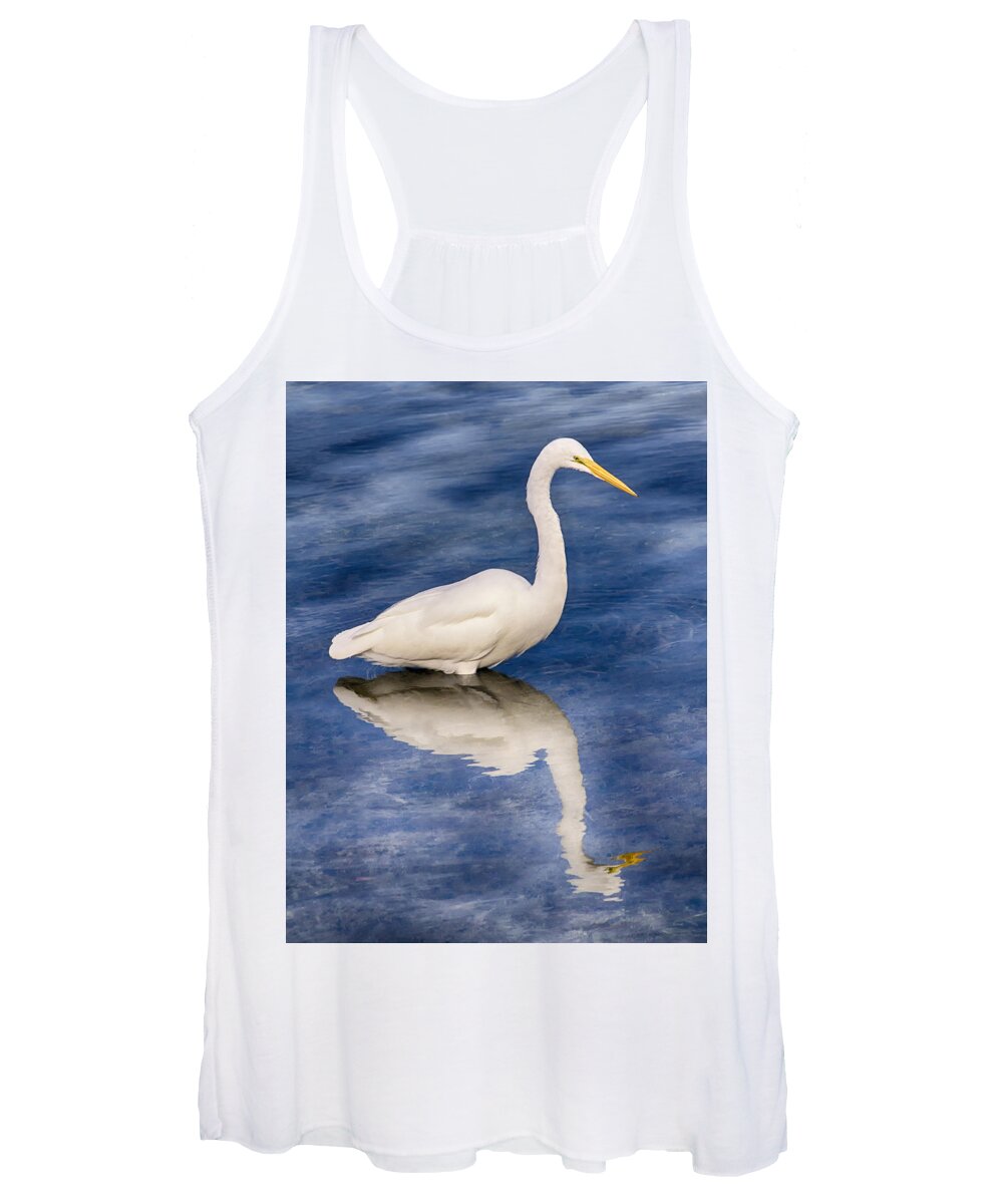 Nature Women's Tank Top featuring the photograph Egret Reflection on Blue by Bob Slitzan