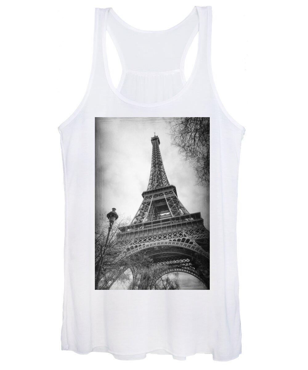 Eiffel Tower Women's Tank Top featuring the photograph Eiffel Tower and Lamp Post BW by Joan Carroll