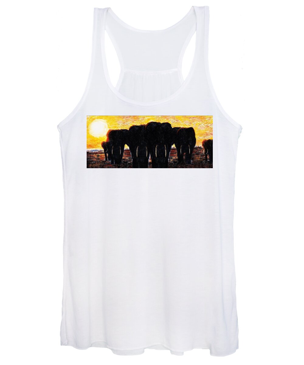 Elephants Women's Tank Top featuring the painting Elephants Sunset by Hartmut Jager