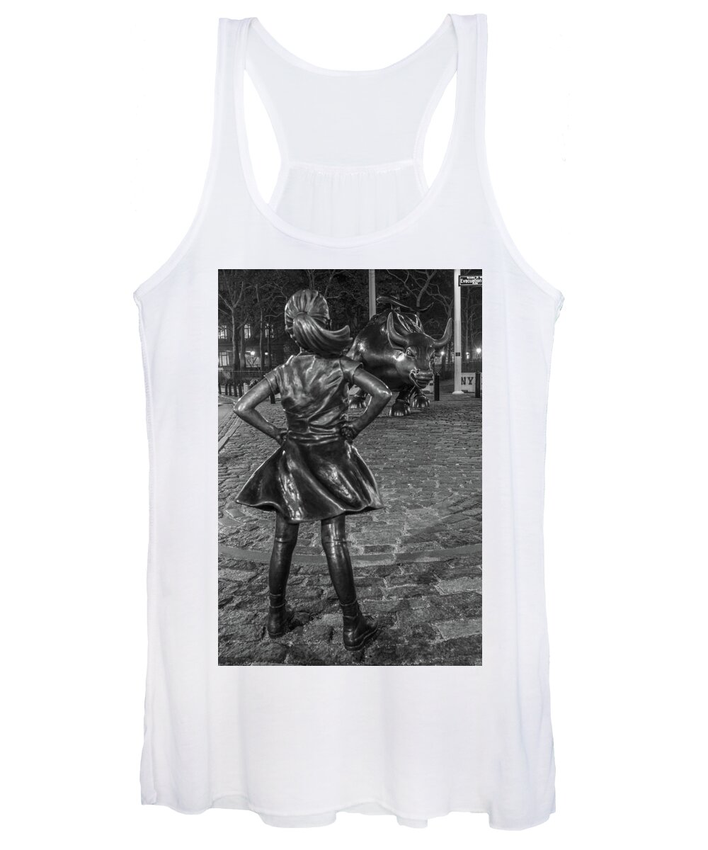 B&w Women's Tank Top featuring the photograph Fearless Girl and Charging Bull NYC by John McGraw