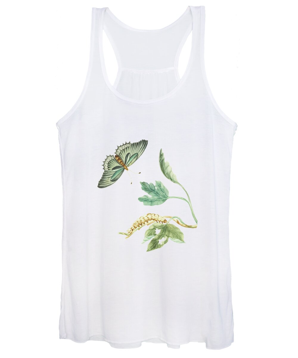 Fig Tree Branch With Caterpillar And Butterfly By Cornelis Markee 1763 Women's Tank Top featuring the mixed media Fig Tree Branch With Caterpillar And Butterfly by Cornelis Markee 1763 by Movie Poster Prints