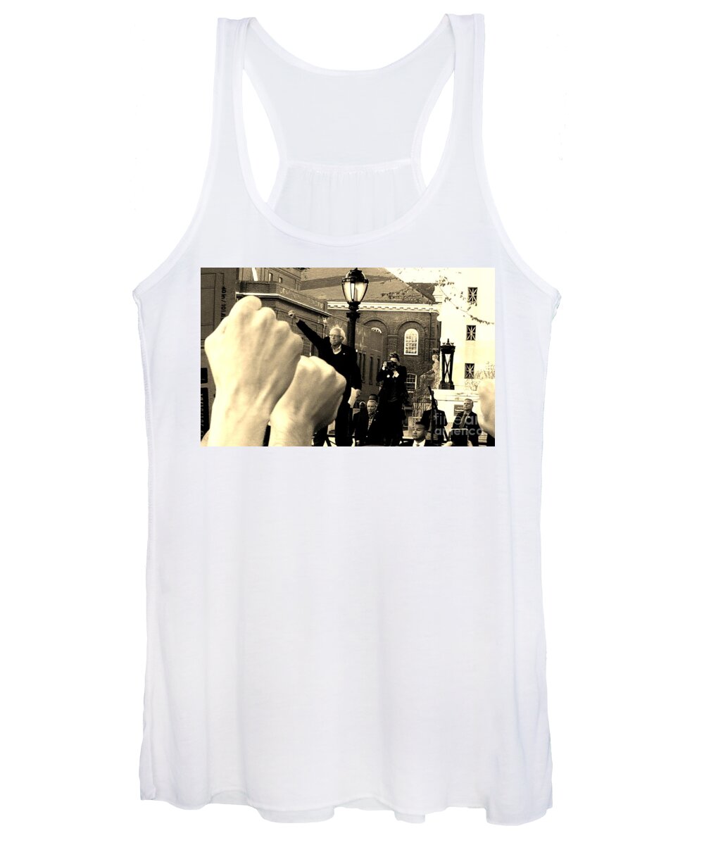 Feel The Bern Women's Tank Top featuring the photograph Fists Up, Bernie Sanders, New Haven, CT by Dani McEvoy