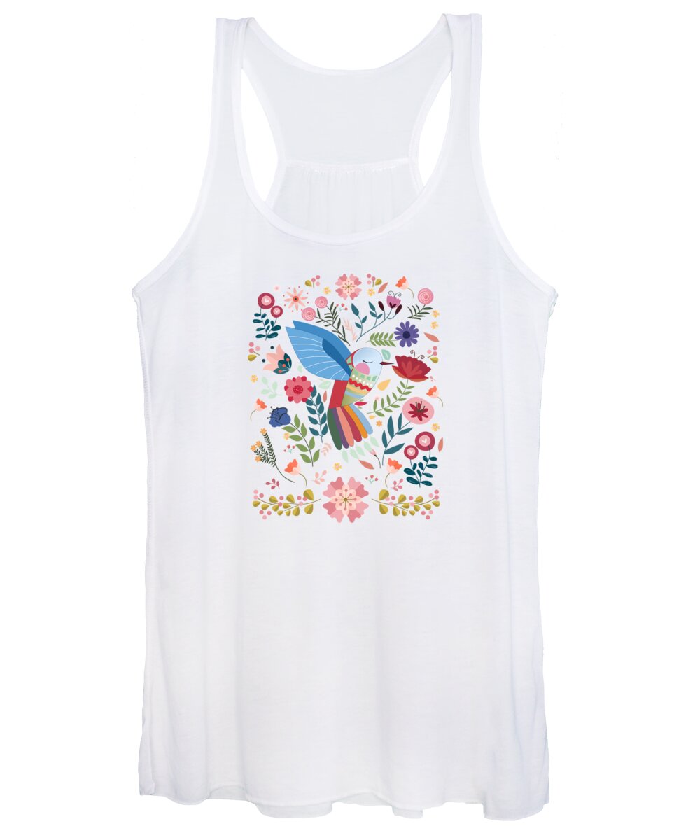 Painting Women's Tank Top featuring the painting Folk Art Inspired Hummingbird In A Burst Of Springtime Blossoms by Little Bunny Sunshine