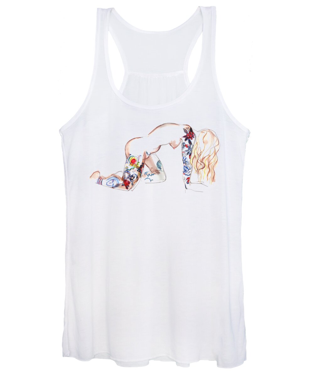 Erotic Art Women's Tank Top featuring the mixed media Forever Amber - tattoed nude by Carolyn Weltman