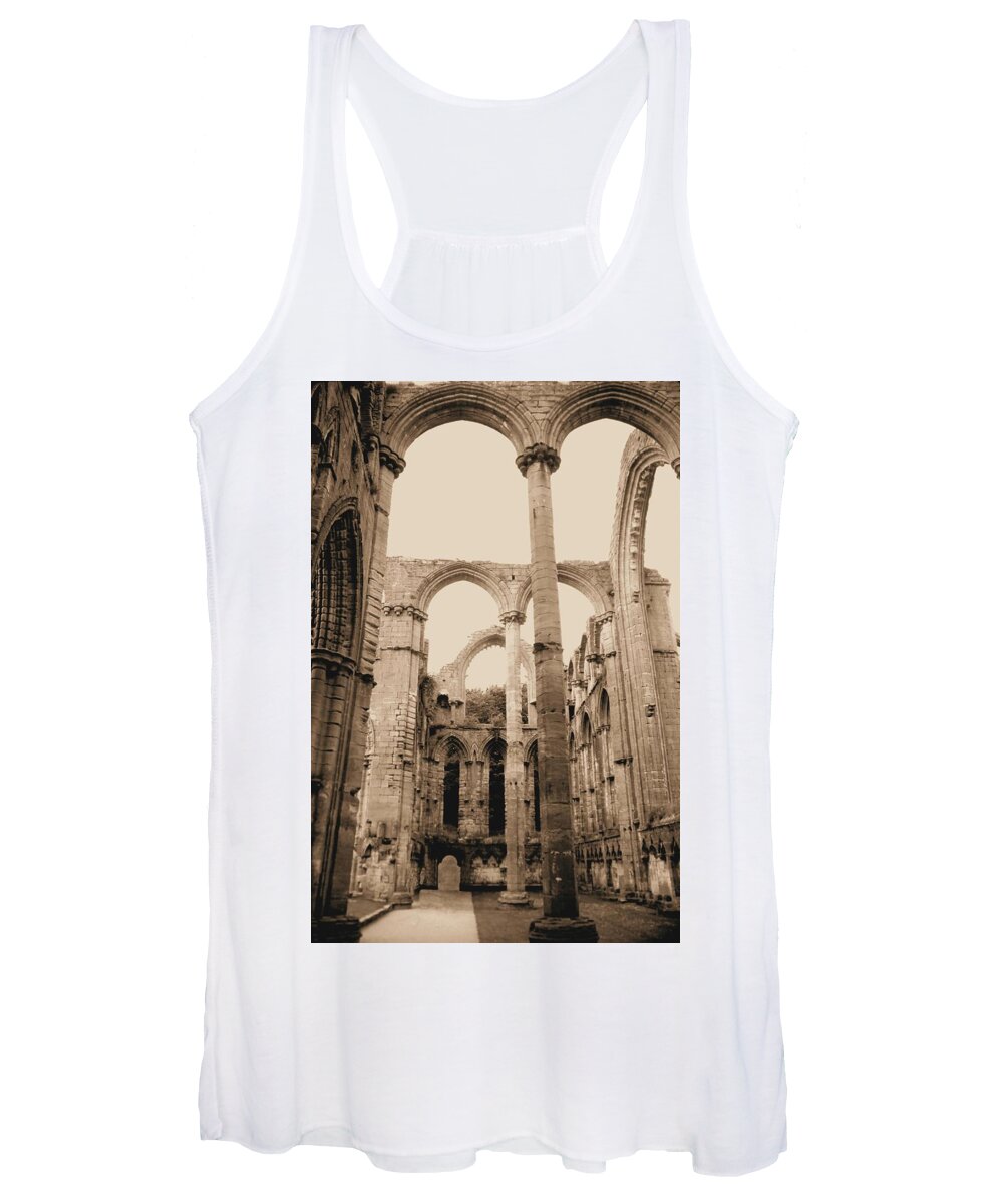 Fountains Fountain Abbey England Sepia Old Medieval Middle Ages Church Monastery Nun Nuns Architecture York Yorkshire Monasteries Aldfield Ruins Saint Century Black Death Claustral Building Cistercian Granges Cathedral Cloister Feudal Women's Tank Top featuring the photograph Fountains Abbey #52 by Raymond Magnani