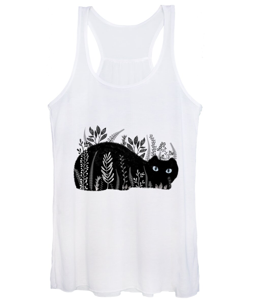 Cat Women's Tank Top featuring the drawing Garden Cat In Black And White by Little Bunny Sunshine