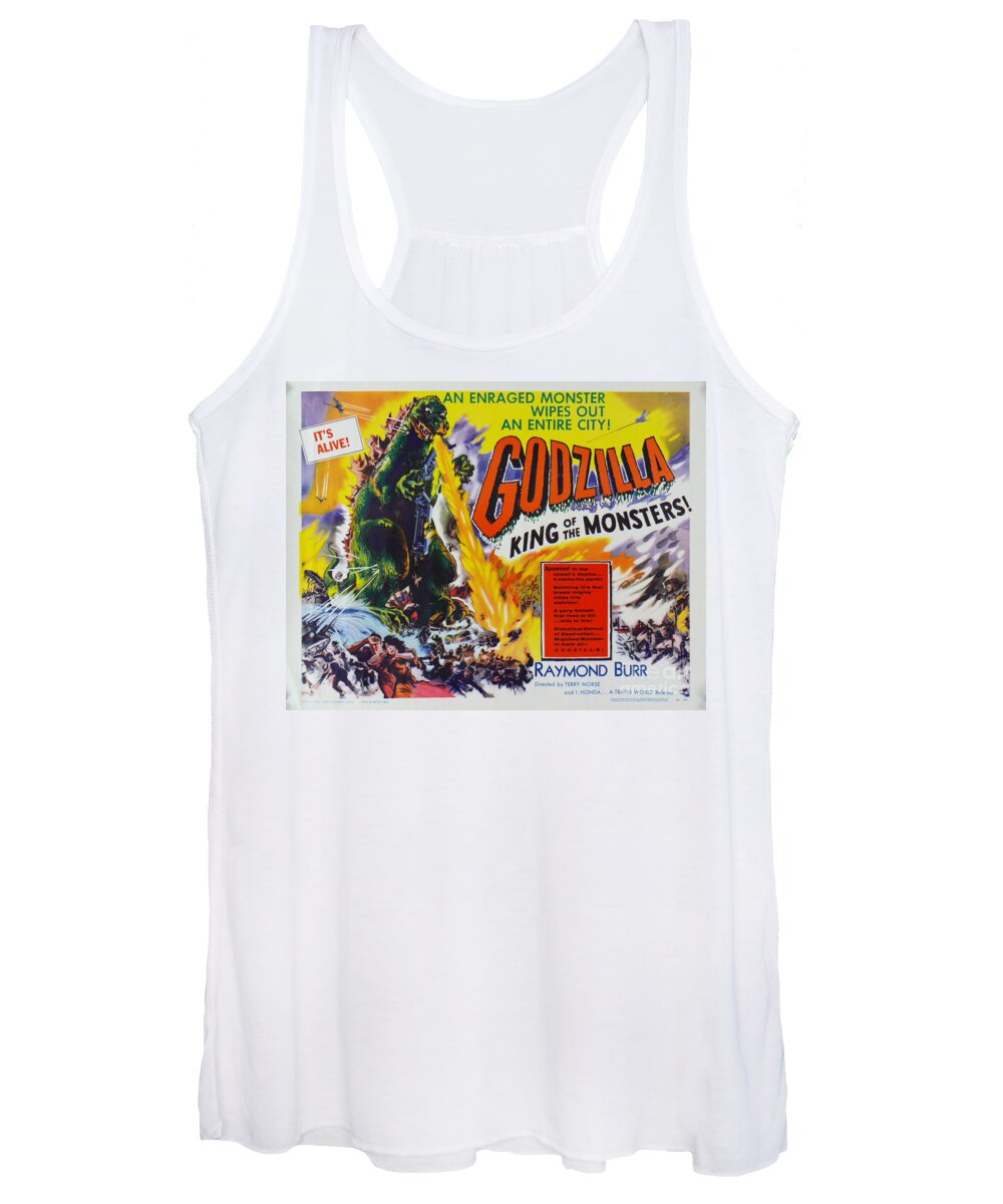 Godzilla Women's Tank Top featuring the painting GodZilla King of the Monsters An enraged monster wipes out an entire city vintage movie poster by Vintage Collectables