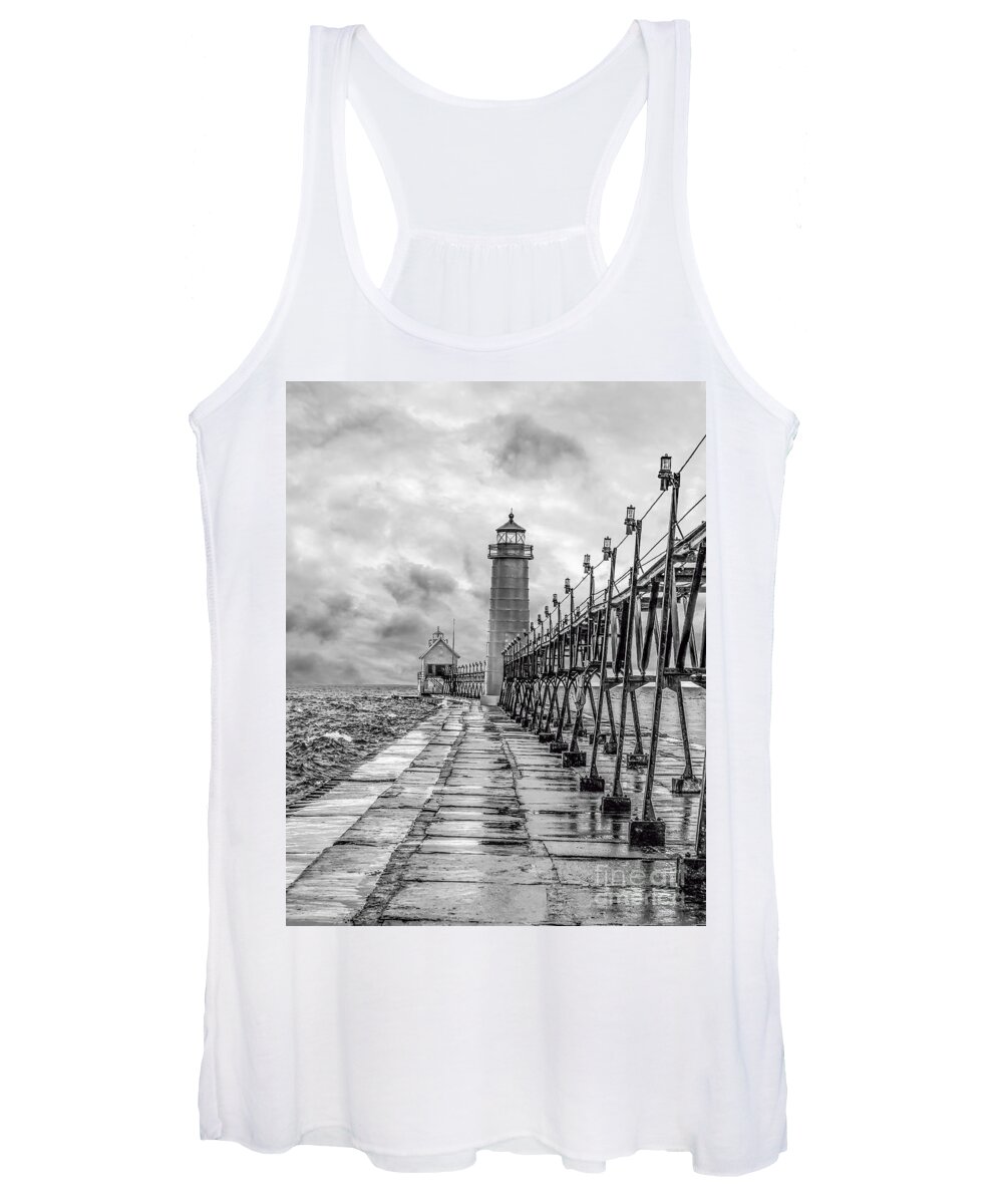 Grand Haven Women's Tank Top featuring the photograph Grand Haven Lighthouse - Monochome by Nick Zelinsky Jr