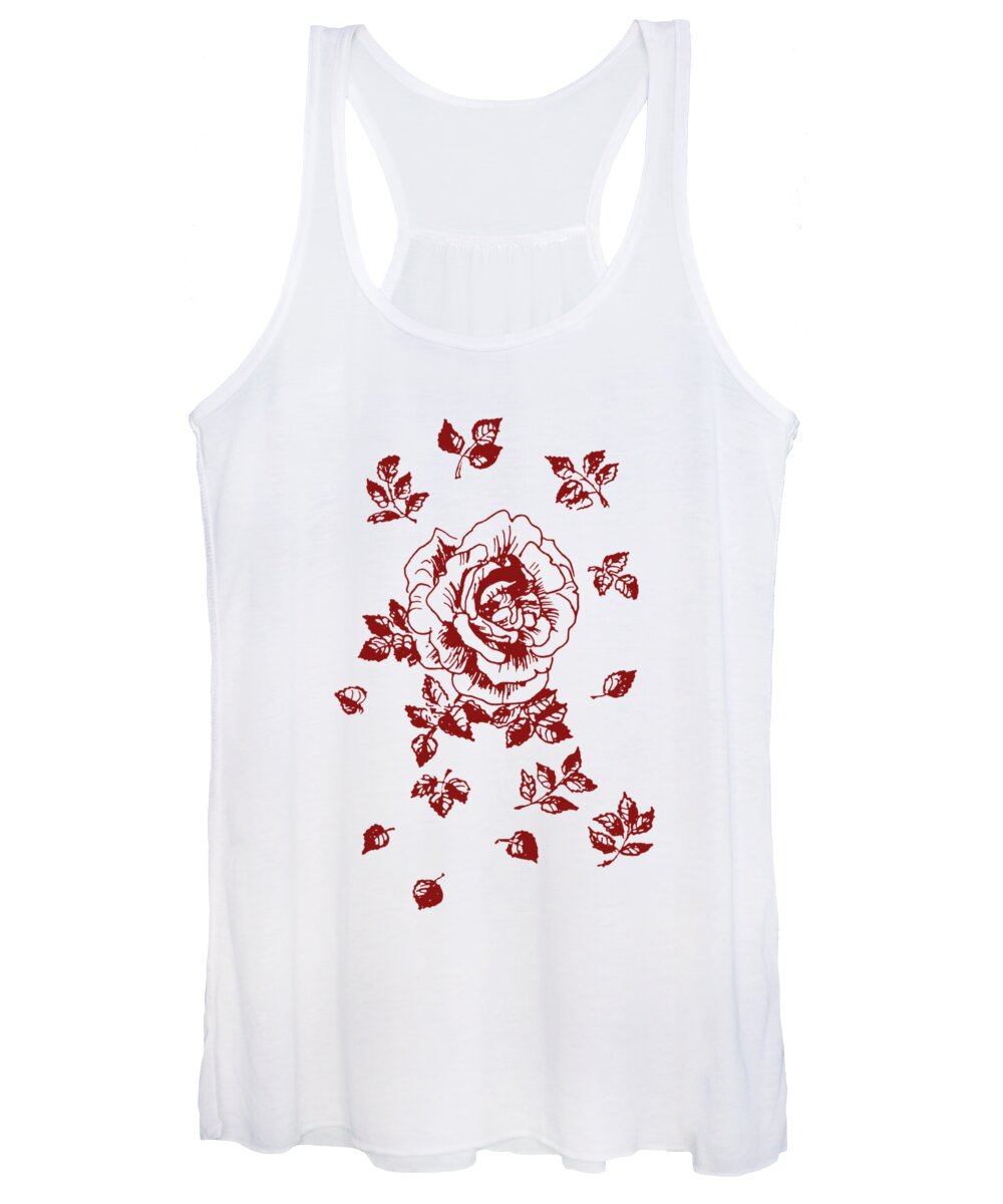 Rose Women's Tank Top featuring the drawing Graphic Red Rose with Leaves by Masha Batkova