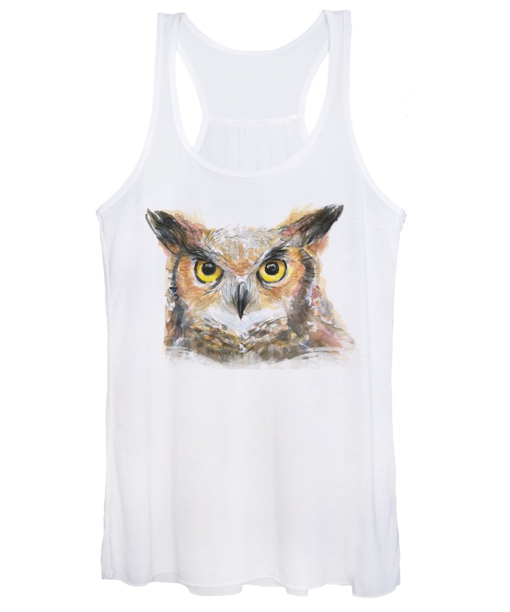 Owl Women's Tank Top featuring the painting Great Horned Owl Watercolor by Olga Shvartsur