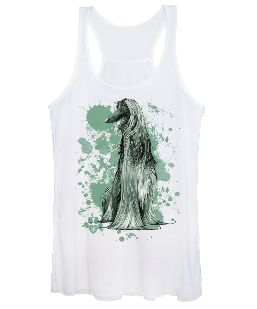 Afghan Hound Women's Tank Top featuring the drawing Green Paint Splatter Afghan Hound by Canine Caricatures By John LaFree