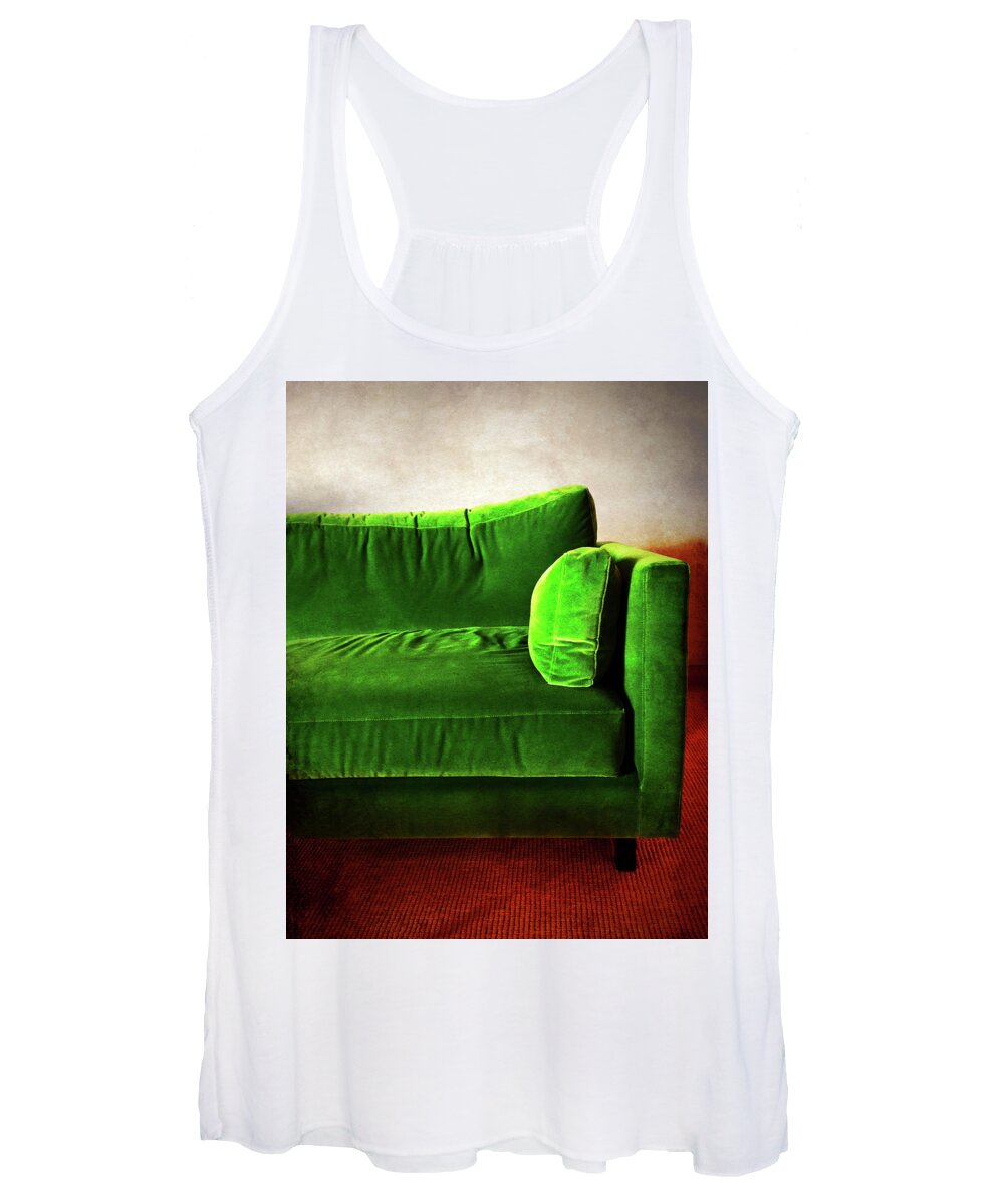 Sofa Women's Tank Top featuring the photograph Green retro sofa in a room by GoodMood Art