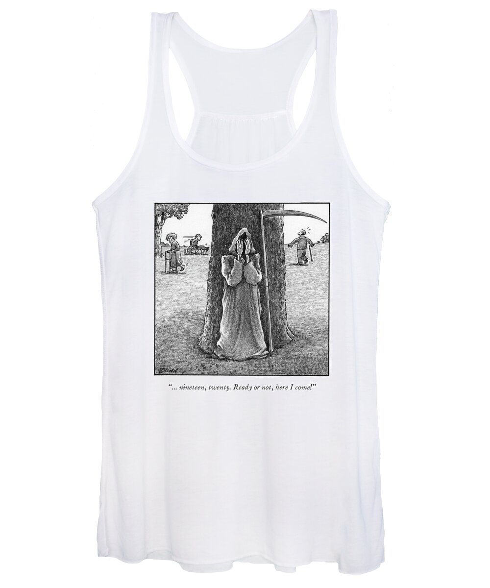 Grim Reaper Women's Tank Top featuring the drawing Grim Reaper plays hide and seek at an old-age home. by Harry Bliss