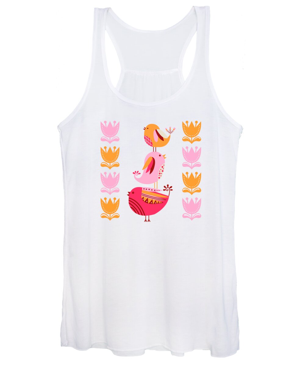 Painting Women's Tank Top featuring the painting Happy Pink And Orange Birds And Blooms by Little Bunny Sunshine
