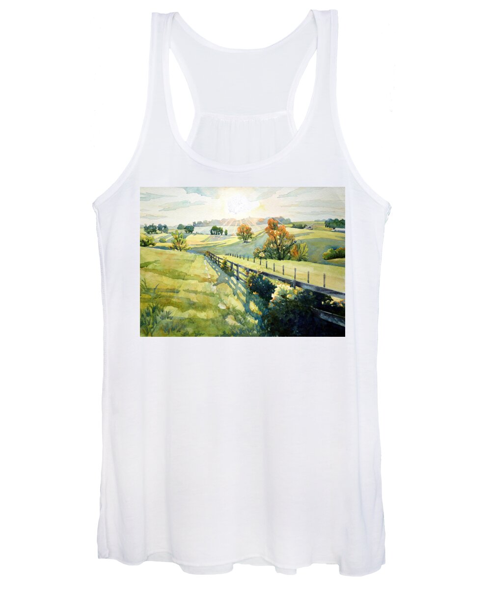 #nature #watercolor #landscape #watercolorpainting #sunset #rollinghills #art #artist #painting #maryland #country #farm Women's Tank Top featuring the painting Heavenly Light by Mick Williams