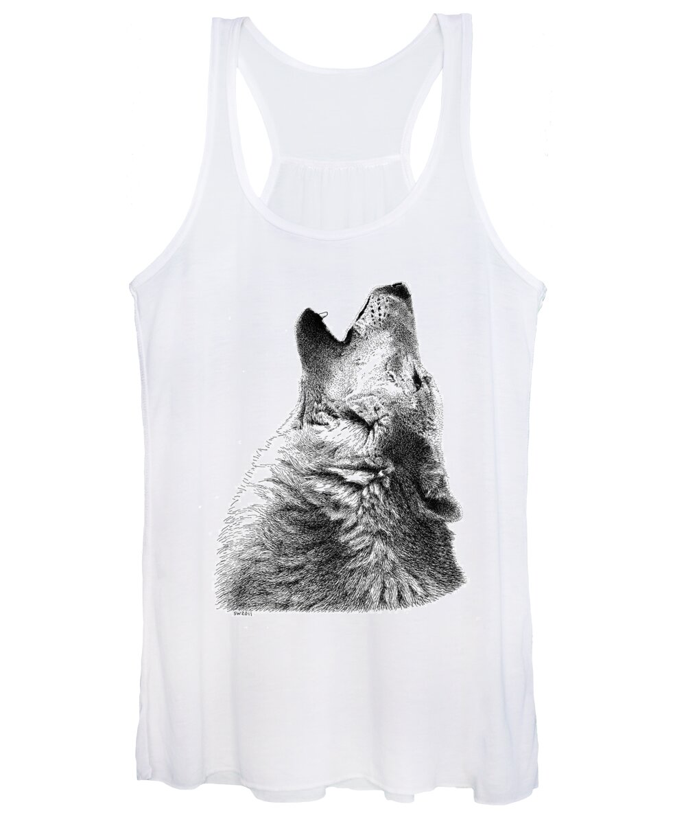 Howling Timber Wolf Women's Tank Top featuring the drawing Howling Timber Wolf by Scott Woyak