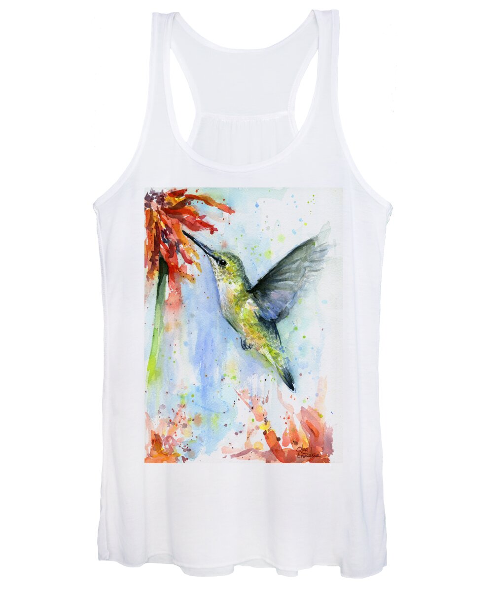 Watercolor Women's Tank Top featuring the painting Hummingbird and Red Flower Watercolor by Olga Shvartsur