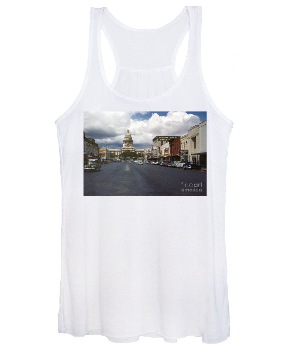 Historical Women's Tank Top featuring the photograph In this historical 1950 photo, cars line up and down Congress Avenue in downtown Austin, Texas by Dan Herron