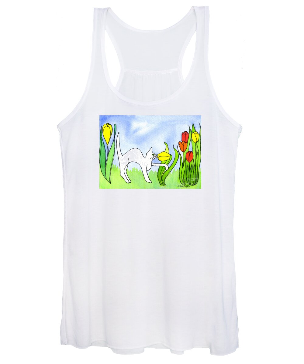 Cat Women's Tank Top featuring the painting Kitty Sniffing Tulips by Norma Appleton