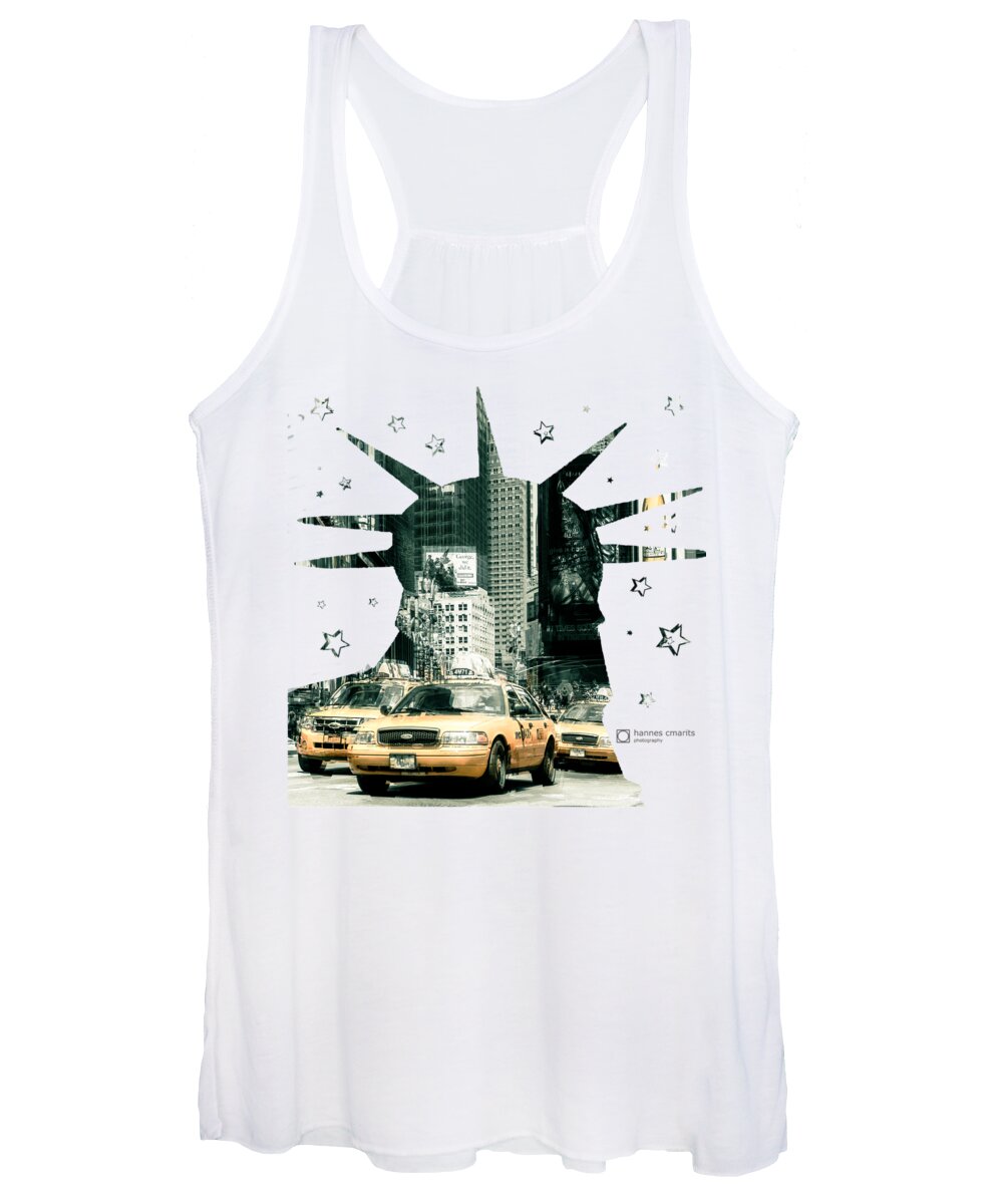 Graphical Women's Tank Top featuring the photograph Lady Liberty And The Yellow Cabs by Hannes Cmarits