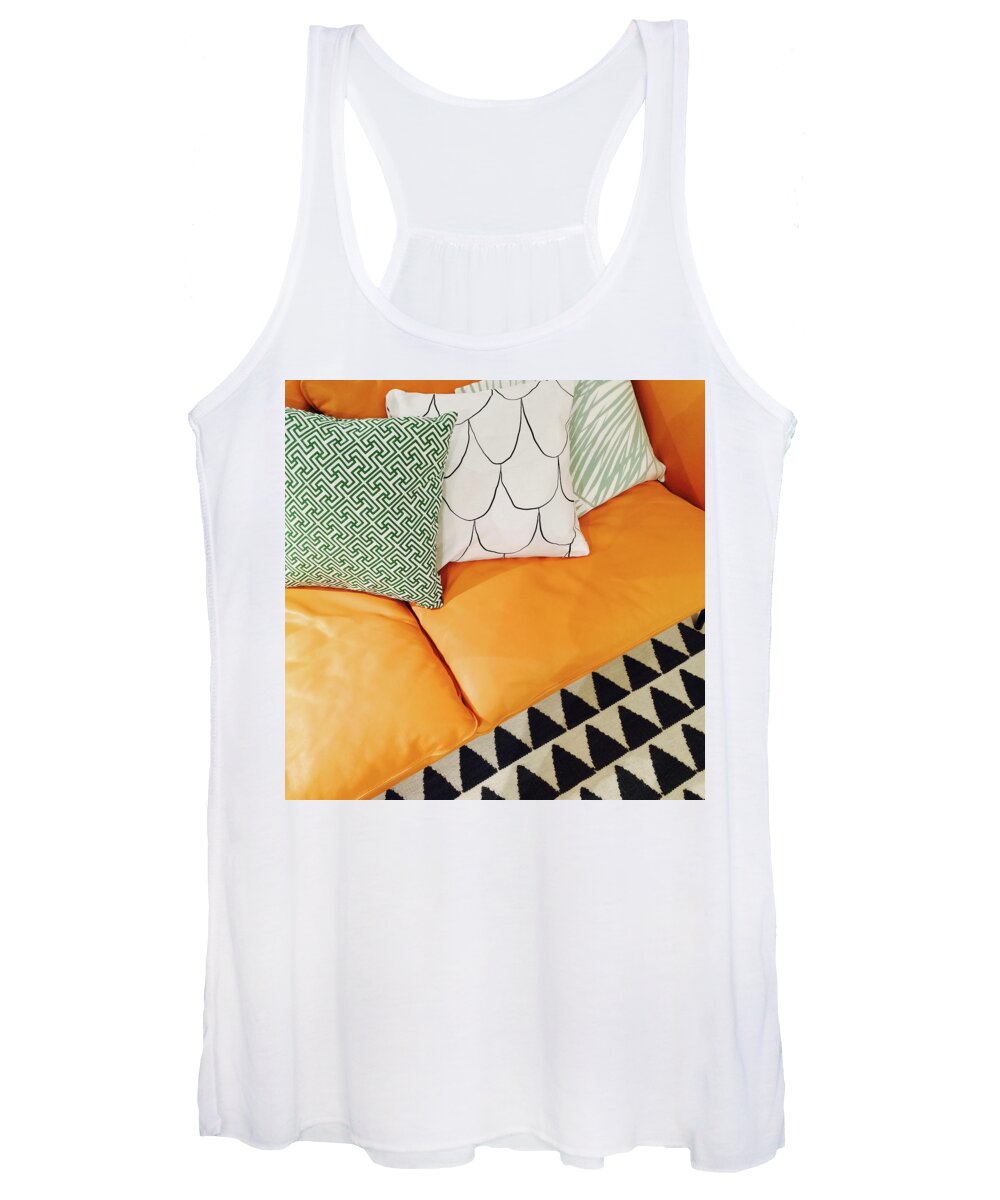 Sofa Women's Tank Top featuring the photograph Leather sofa with ornamental cushions by GoodMood Art