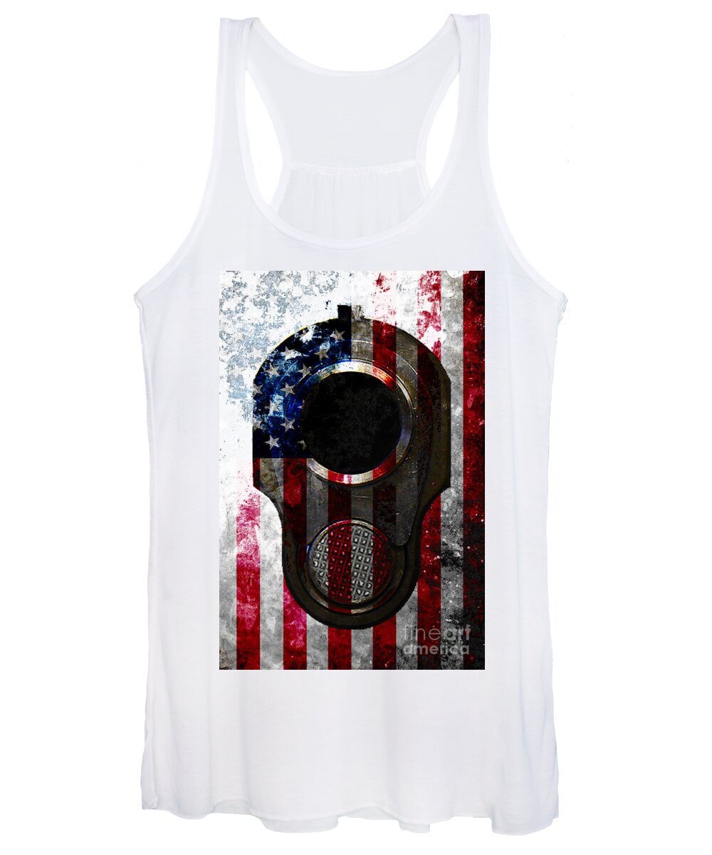 M1911 Women's Tank Top featuring the digital art M1911 Colt 45 Muzzle and American Flag on Distressed Metal Sheet by M L C
