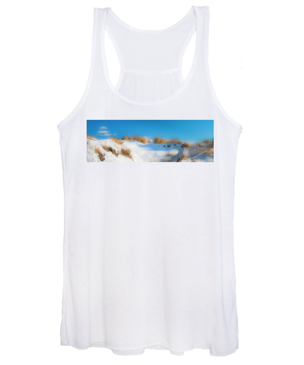 Maine Winter Women's Tank Top featuring the photograph Maine Snow Dunes on Coast in Winter Panorama by Ranjay Mitra