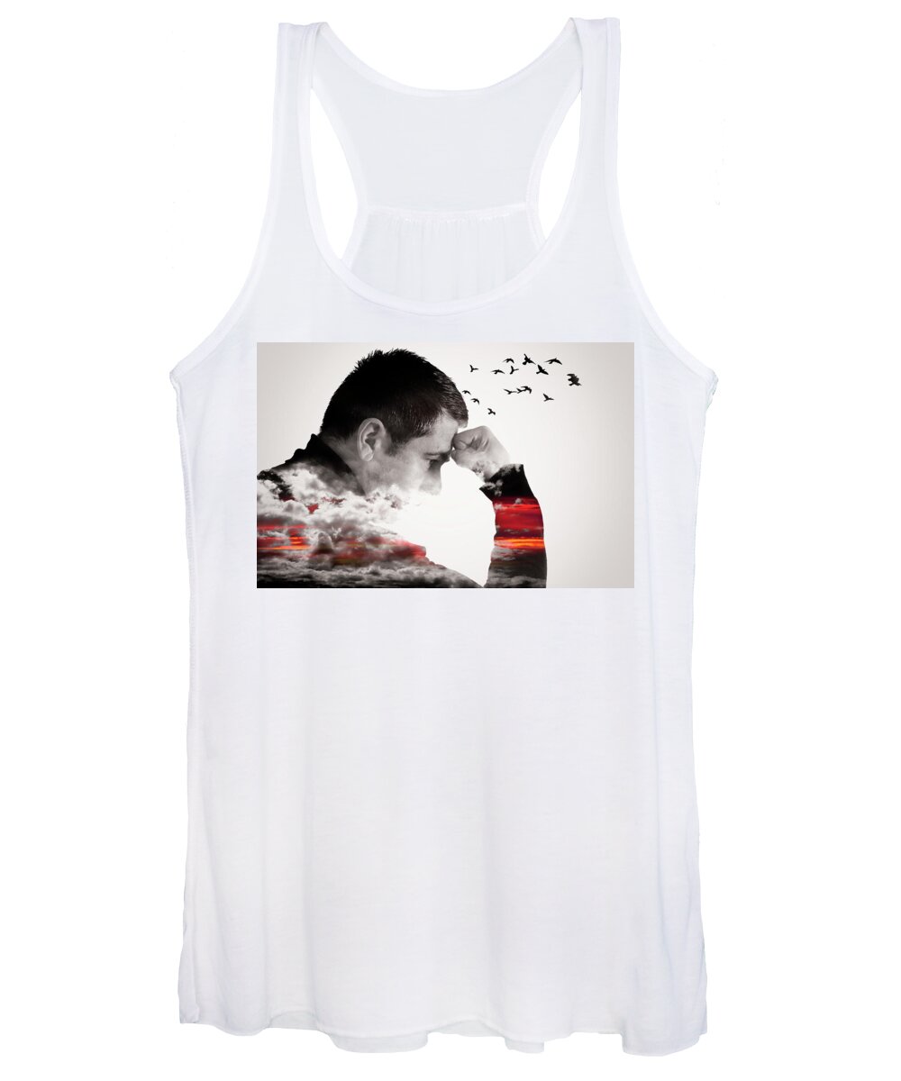 Thinking Women's Tank Top featuring the photograph Man Thinking Double Exposure with Birds by John Williams