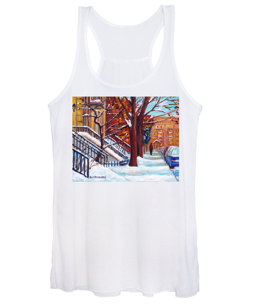 Montreal Women's Tank Top featuring the painting McGill Ghetto winter scene Montreal original painting for sale Grace Venditti by Grace Venditti