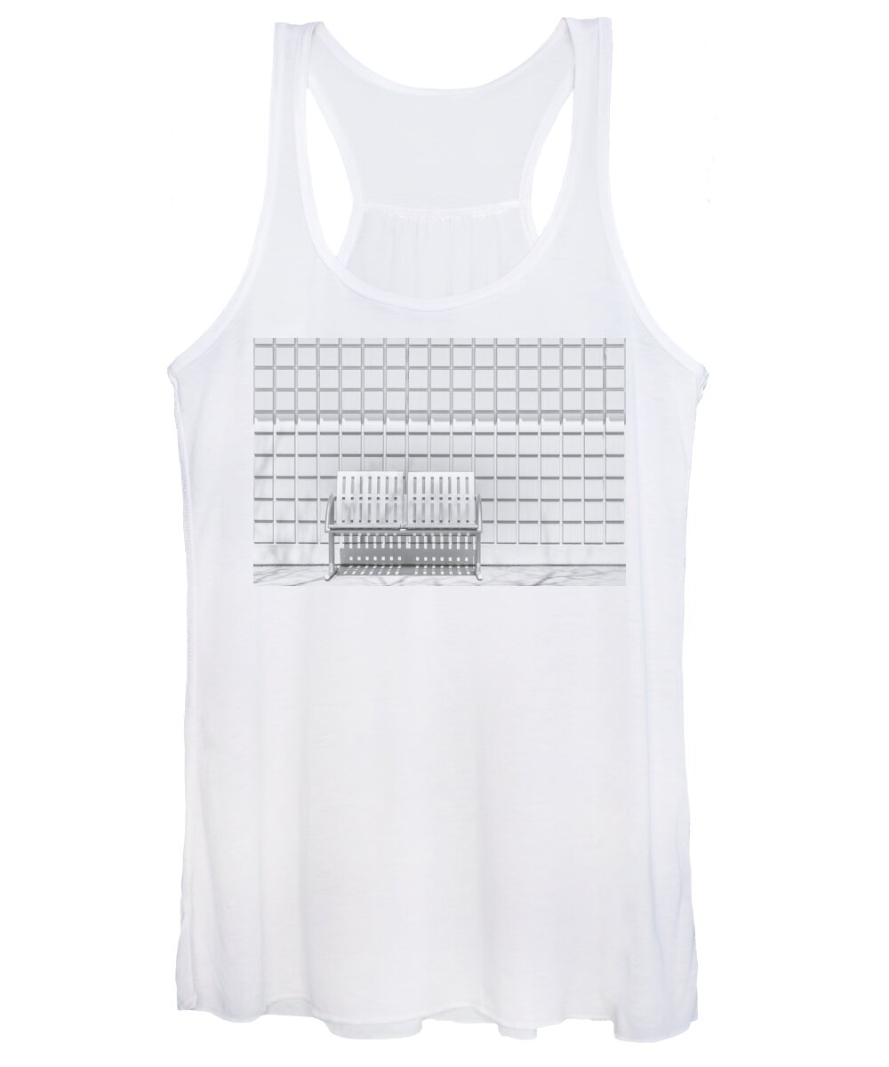 Bench Women's Tank Top featuring the photograph Metal Bench Against Concrete Squares by Scott Norris