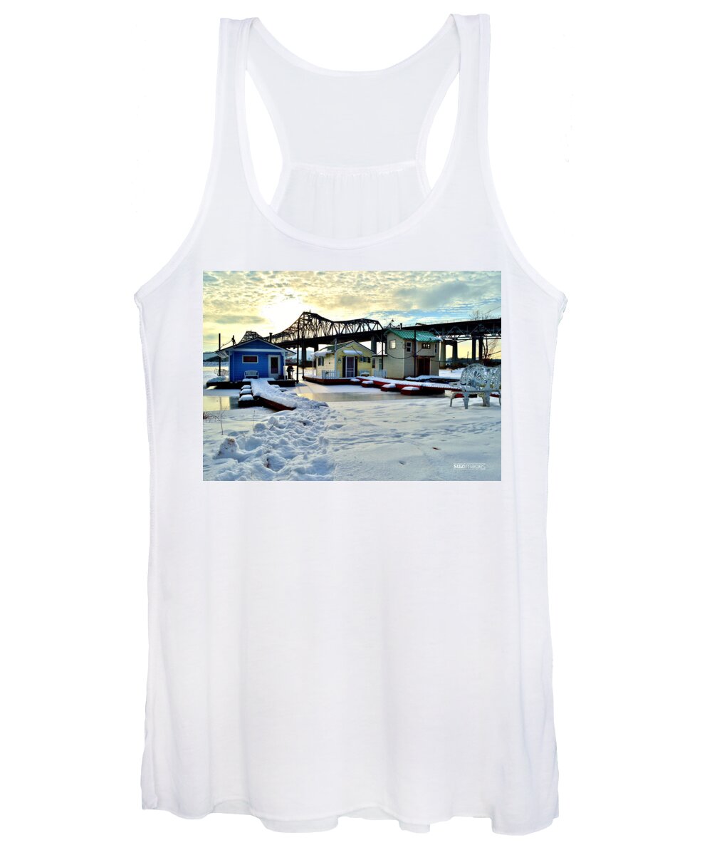 Boathouse Women's Tank Top featuring the photograph Mississippi River Boathouses by Susie Loechler