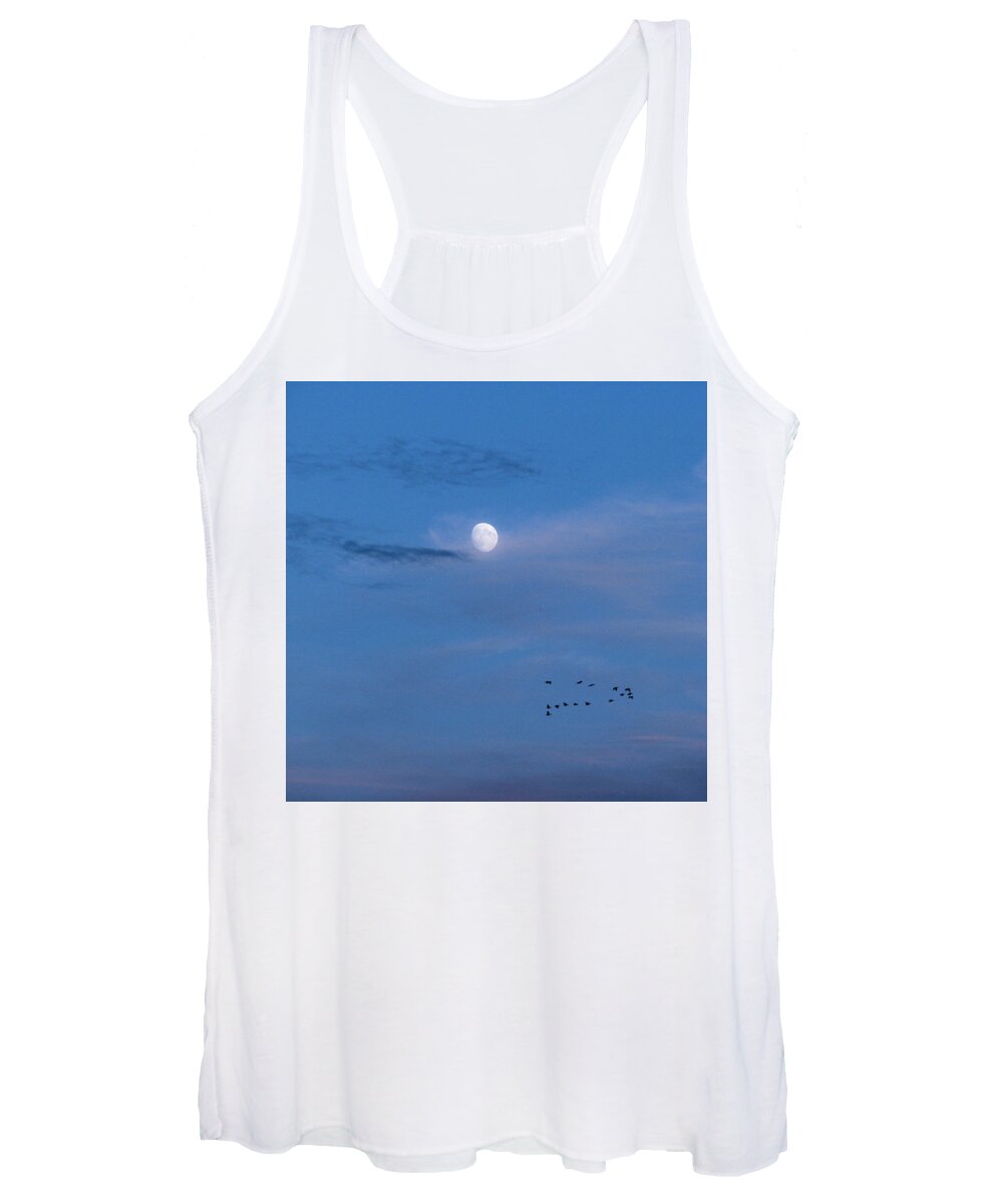Sky Women's Tank Top featuring the photograph Moon Rises Geese Fly by Lora Fisher