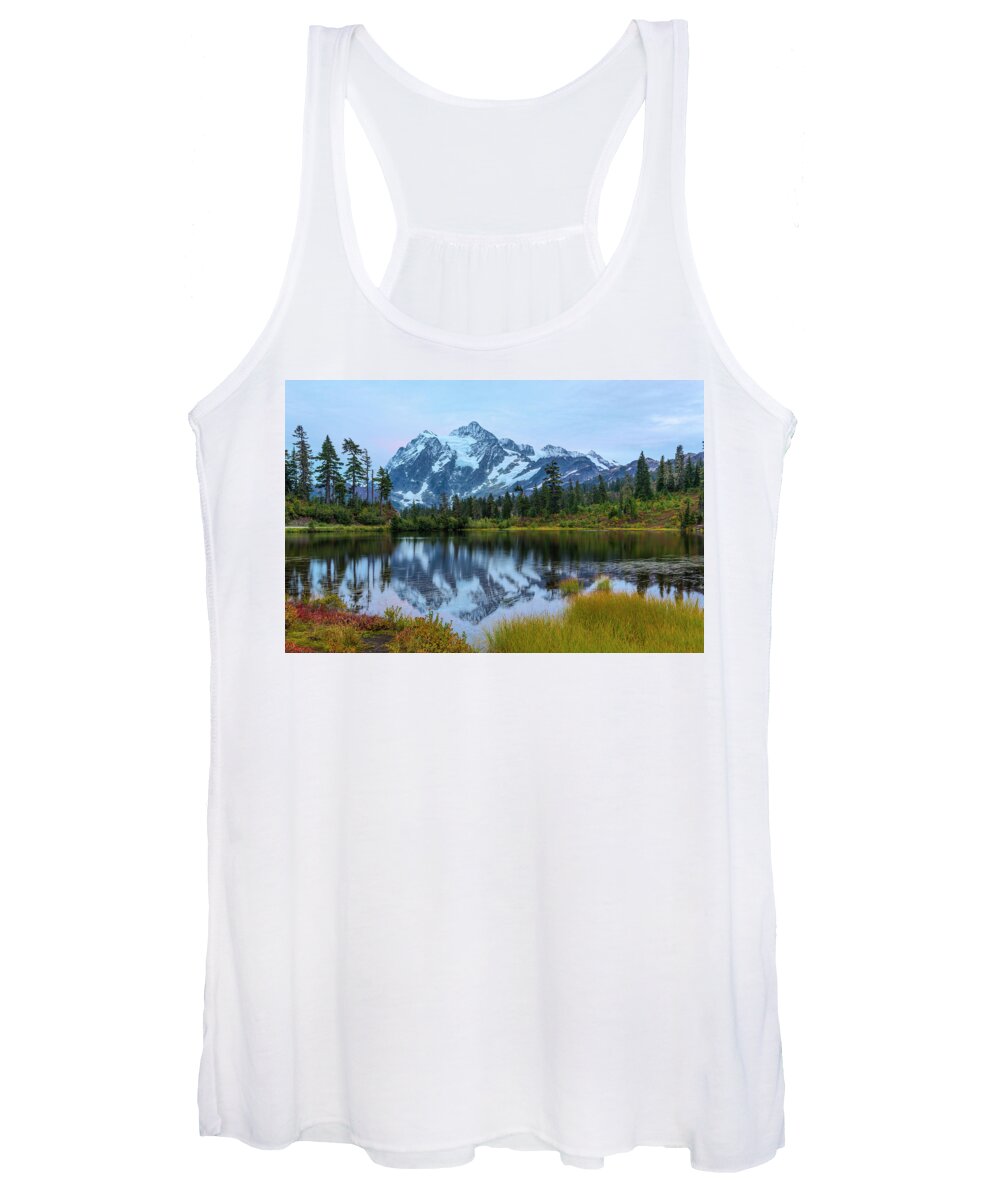 Lake Women's Tank Top featuring the digital art Mount Shuksan and Picture Lake by Michael Lee