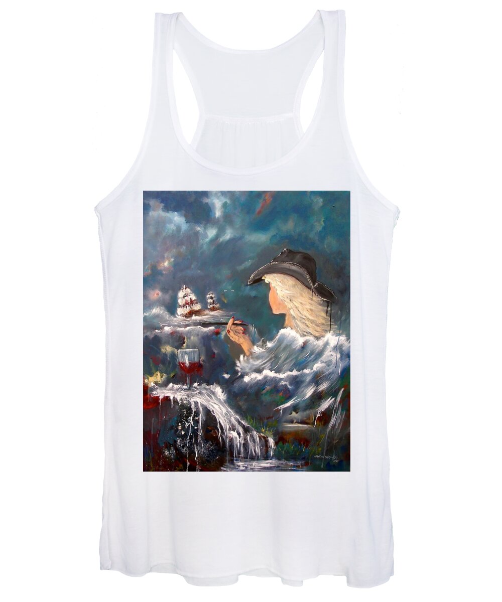 Ocean Wine Wave Red Ship Woman Smoking Hat Blonde Abstract Seascape Water Waterfall Clouds Print Watching Blue Black Boat Wind Drinking Relaxing Painting Miroslaw Chelchowski Women's Tank Top featuring the painting Ocean Wine by Miroslaw Chelchowski