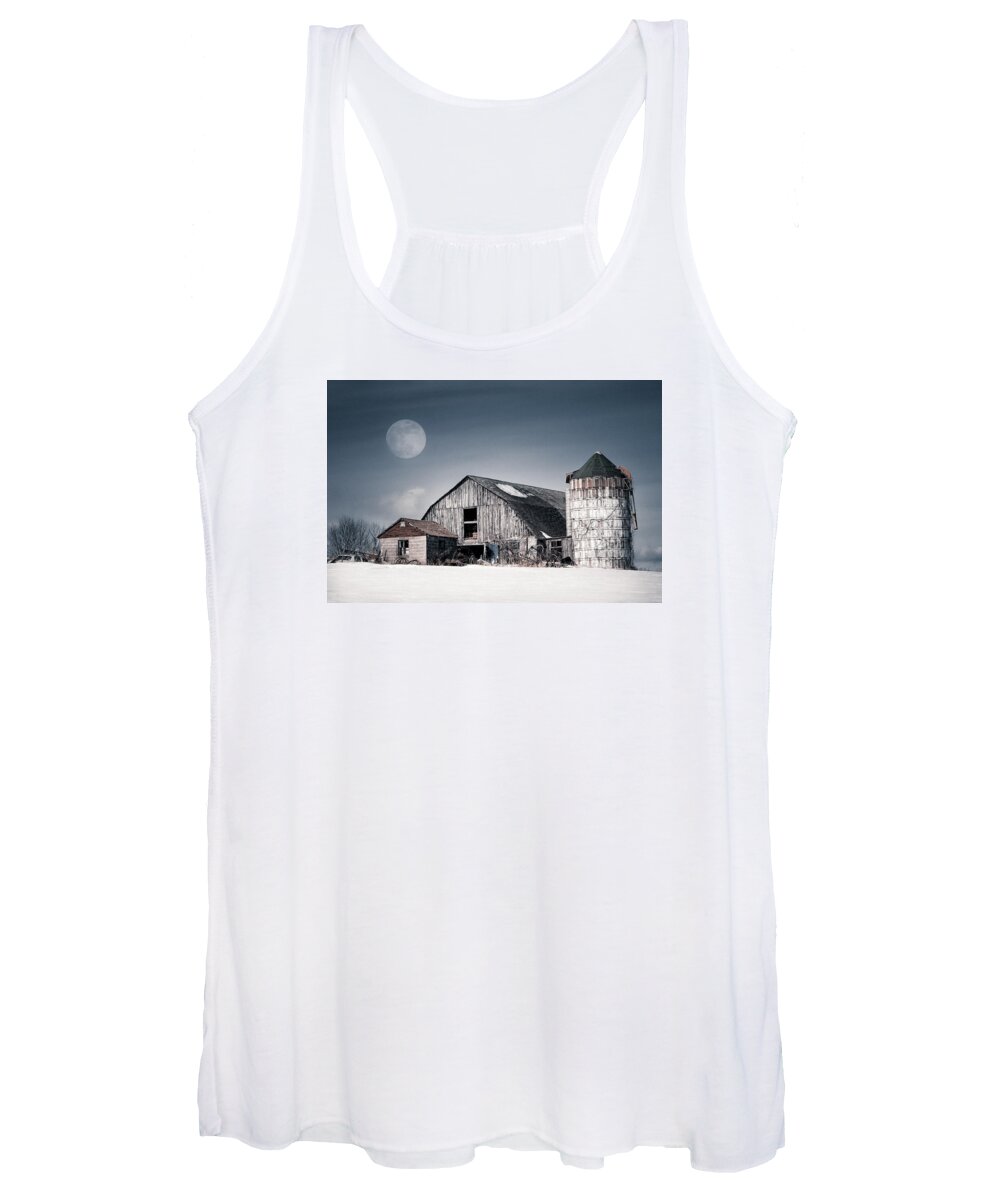 Barn Women's Tank Top featuring the photograph Old Barn and winter moon - Snowy Rustic Landscape by Gary Heller